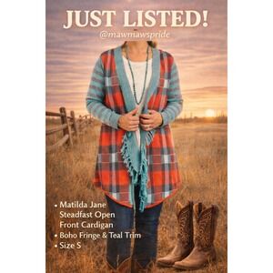 Matilda Jane Steadfast Open Front Cardigan Boho Fringe Trim Teal Stripe S 321